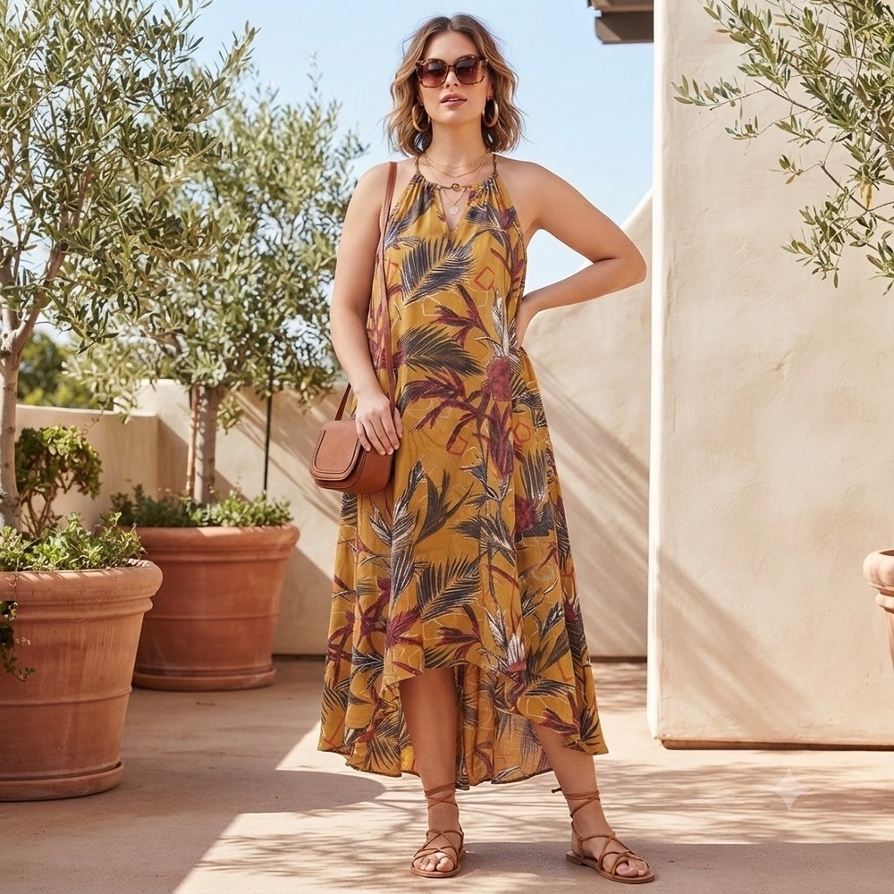Mile Gabrielle Mustard Halter Neck Maxi Dress Tropical Botanical Keyhole Neck 3X